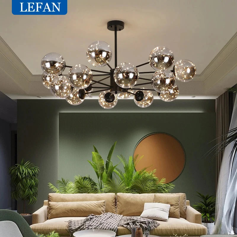Nordic glass ball chandelier with black glass globes on an iron frame