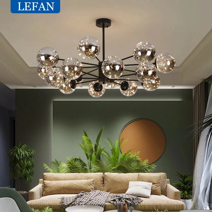 Nordic glass ball chandelier with black glass globes on an iron frame