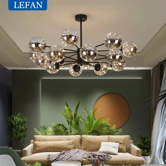 Nordic glass ball chandelier with black glass globes on an iron frame