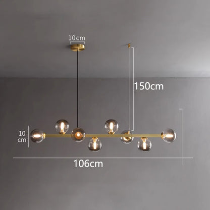 Eight head brown glass chandelier, 106 cm long, on adjustable cords