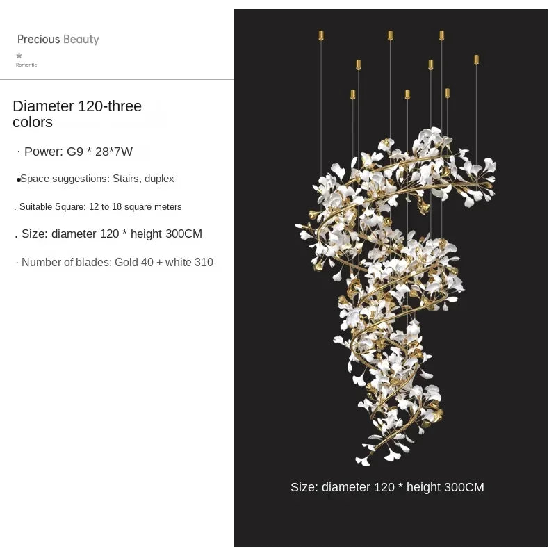 Tall ginkgo leaf chandelier with a 137.8 inch drop for a double-height hall