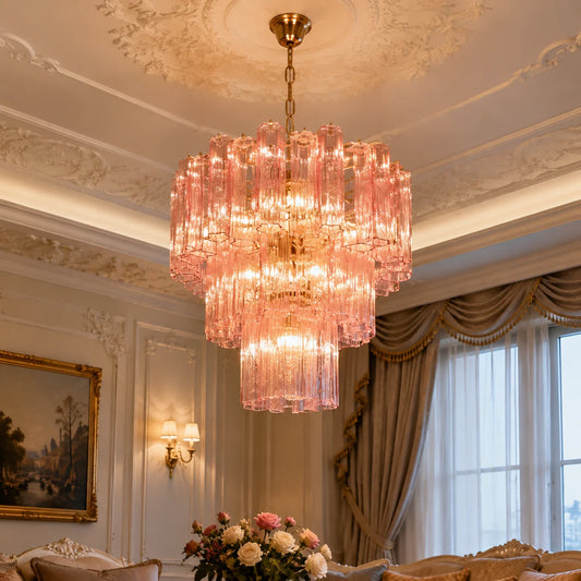Italian tiered glass chandelier with stained glass shades on a polished frame