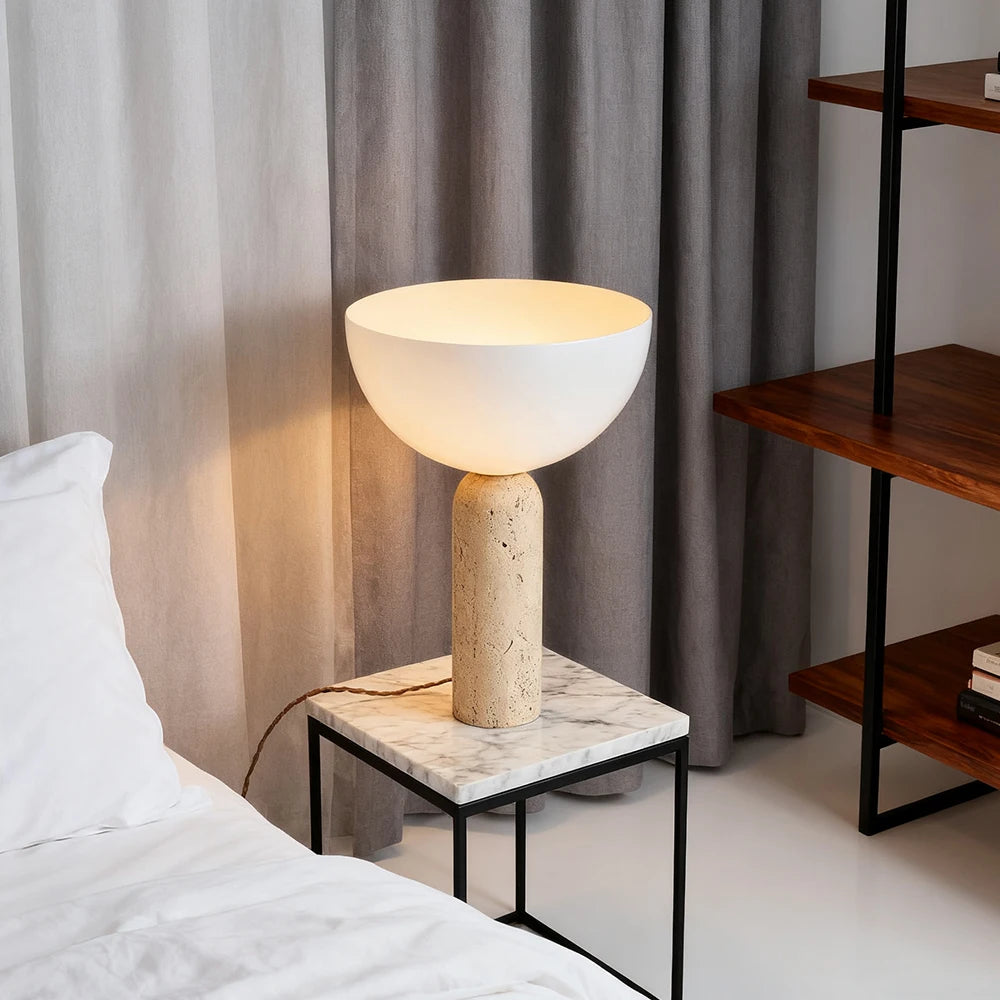 Travertine stone mushroom table lamp EU plug warm light front view