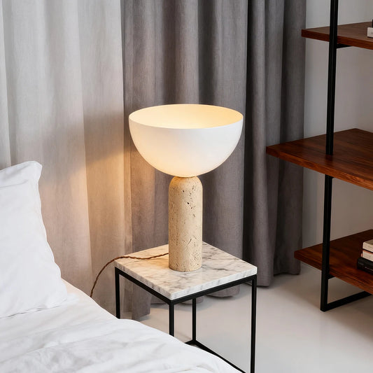 Travertine stone mushroom table lamp EU plug warm light front view