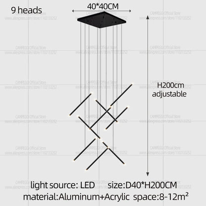 Aluminium heads suspended at staggered lengths from one plate