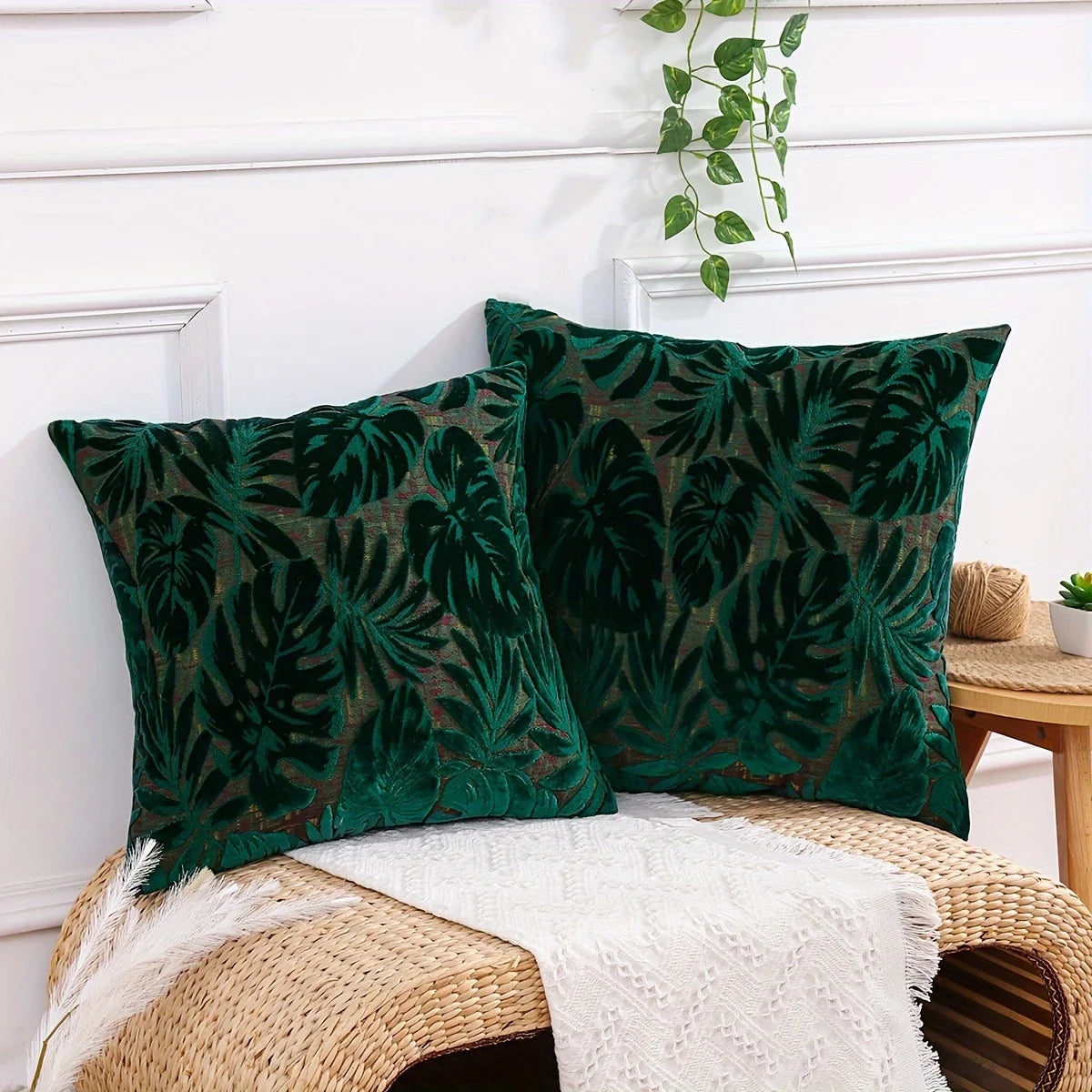 Tropical Leaf Chenille Pillow Cover — styling detail