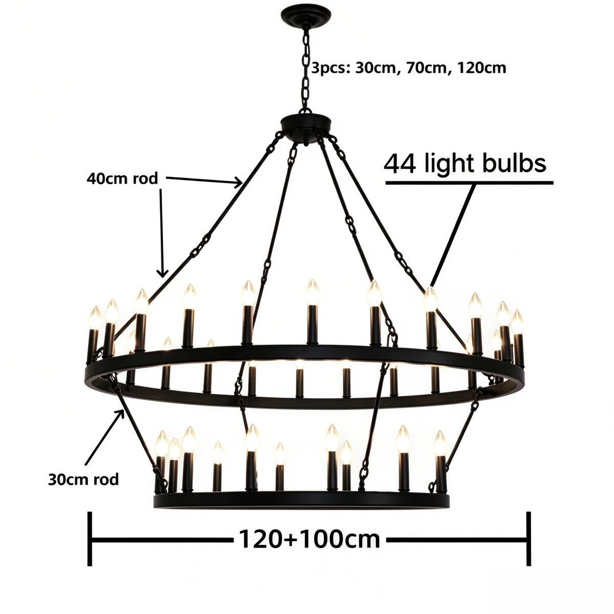 Forty eight light multi ring wrought iron candle chandelier