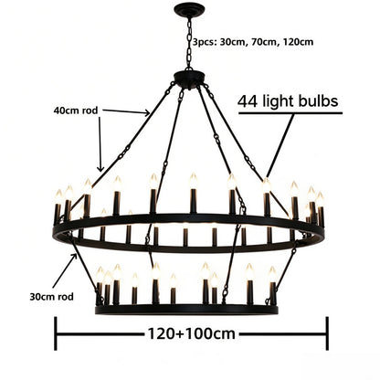 Forty eight light multi ring wrought iron candle chandelier