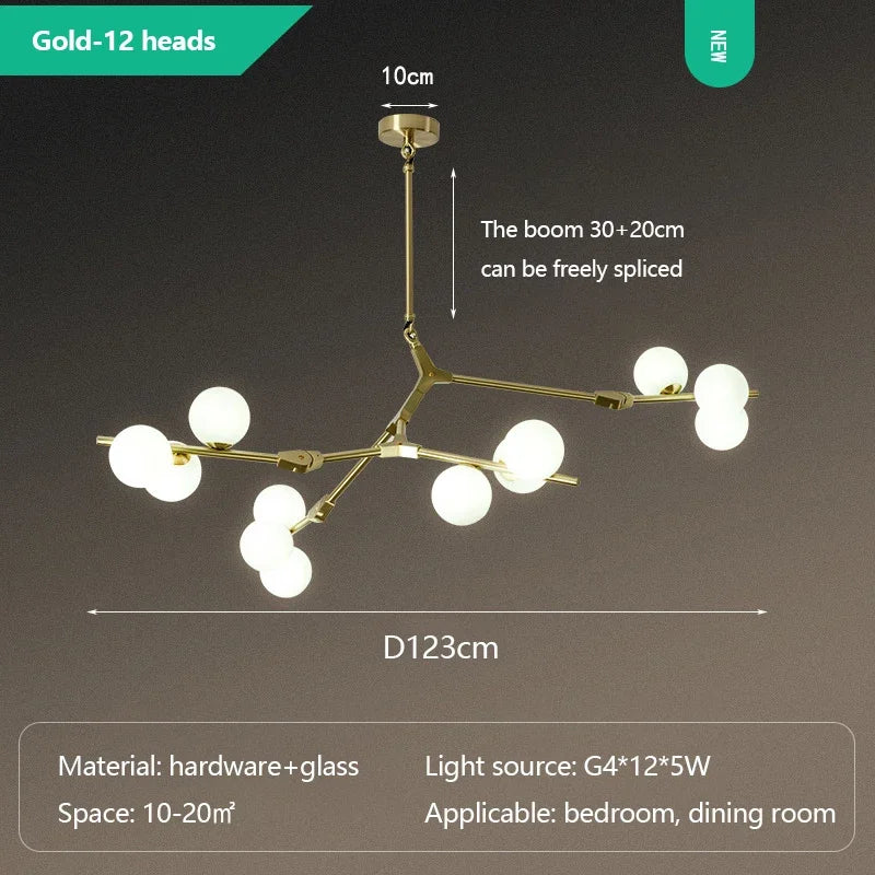 Three color glass ball branch chandelier in a gold iron finish
