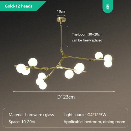 Three color glass ball branch chandelier in a gold iron finish