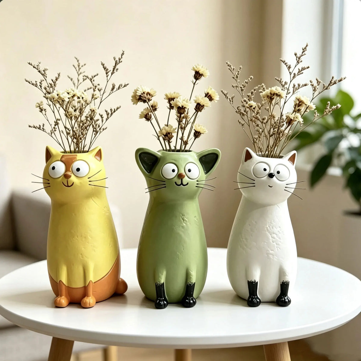 Resin white cat novelty vase holding dried flower stem against neutral grey background