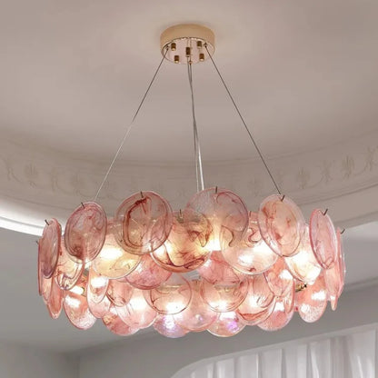 Murano style chandelier with glass shades facing up and down