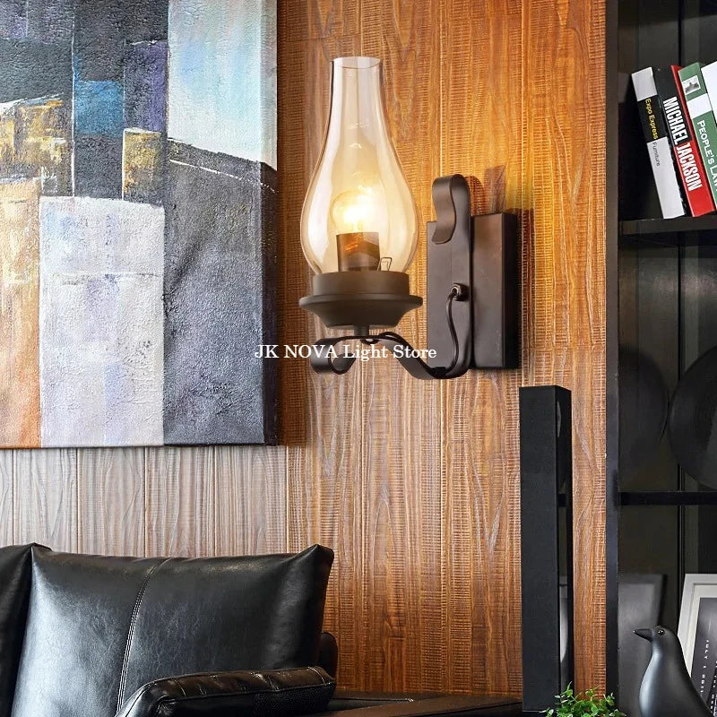 iron wall sconce, close-up of shade and hardware detail