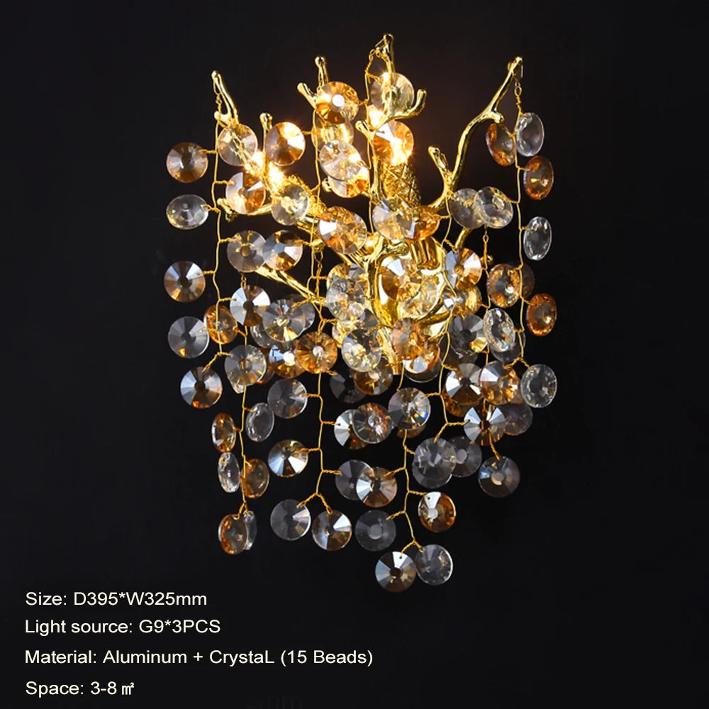 Refracting crystal chandelier on a gold frame with warm and cool light choices