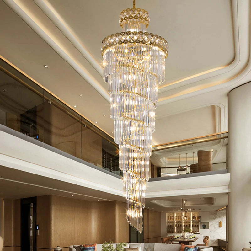 Rotating crystal column chandelier with crystal shades on a nickel frame