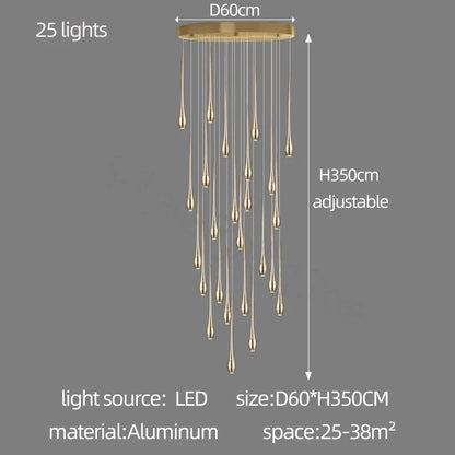 Twelve light gilded aluminum chandelier spread across a duplex ceiling