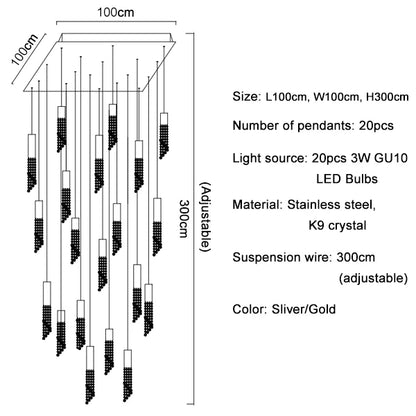 Nine light crystal chandelier with electroplated stainless steel frame