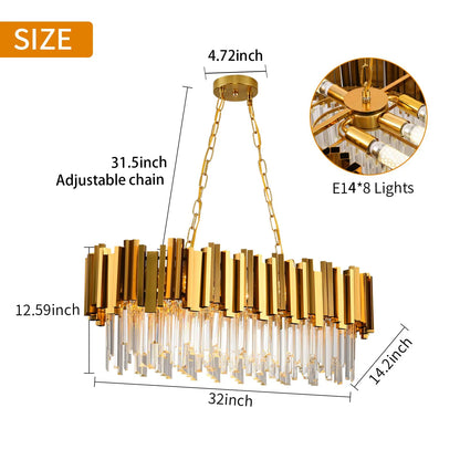 Linear gold crystal chandelier with E14 fittings, bulbs sold separately