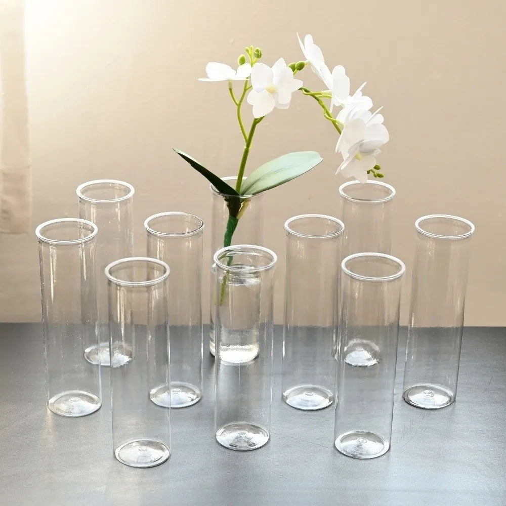 Side view of transparent tall plastic cylinder vase for florals