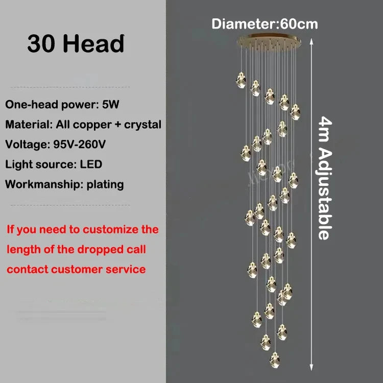 Crystal staircase chandelier with 6000K cold white light on an iron frame