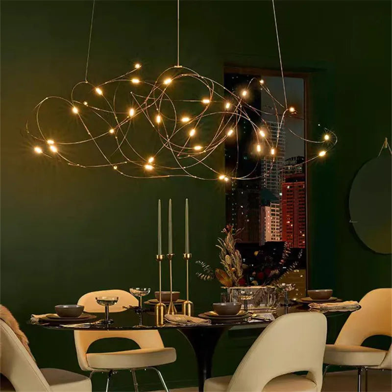 Gold firefly disc chandelier with slim stems holding scattered small lights