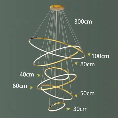 Concentric ring chandelier in black for a double-height lounge ceiling