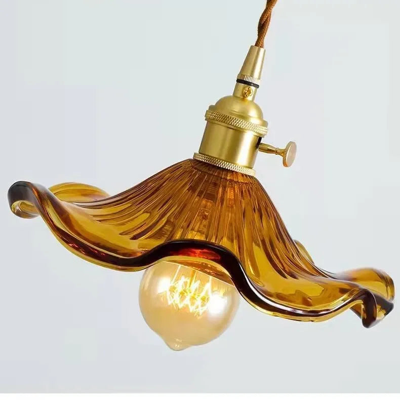 Copper and glass chandelier suited to a 10 to 15 square metre room