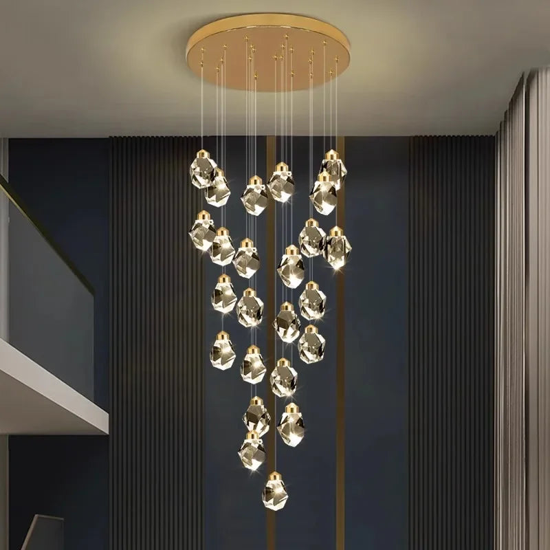Modern crystal staircase chandelier with lit crystal heads on an iron frame