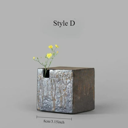 Style E artisan ceramic vase next to bonsai as Japandi desk display