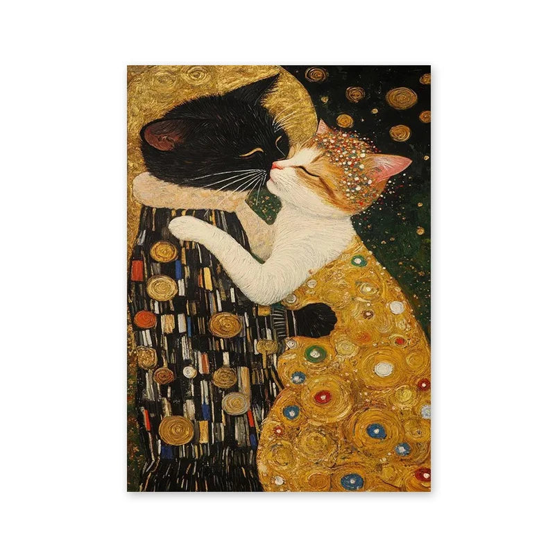 Klimt Kiss Cat Parody Abstract Canvas Wall Art