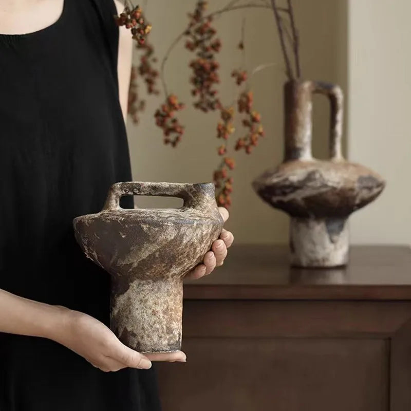 Retro Wabi Sabi coarse ceramic vase Zen dry flower arrangement