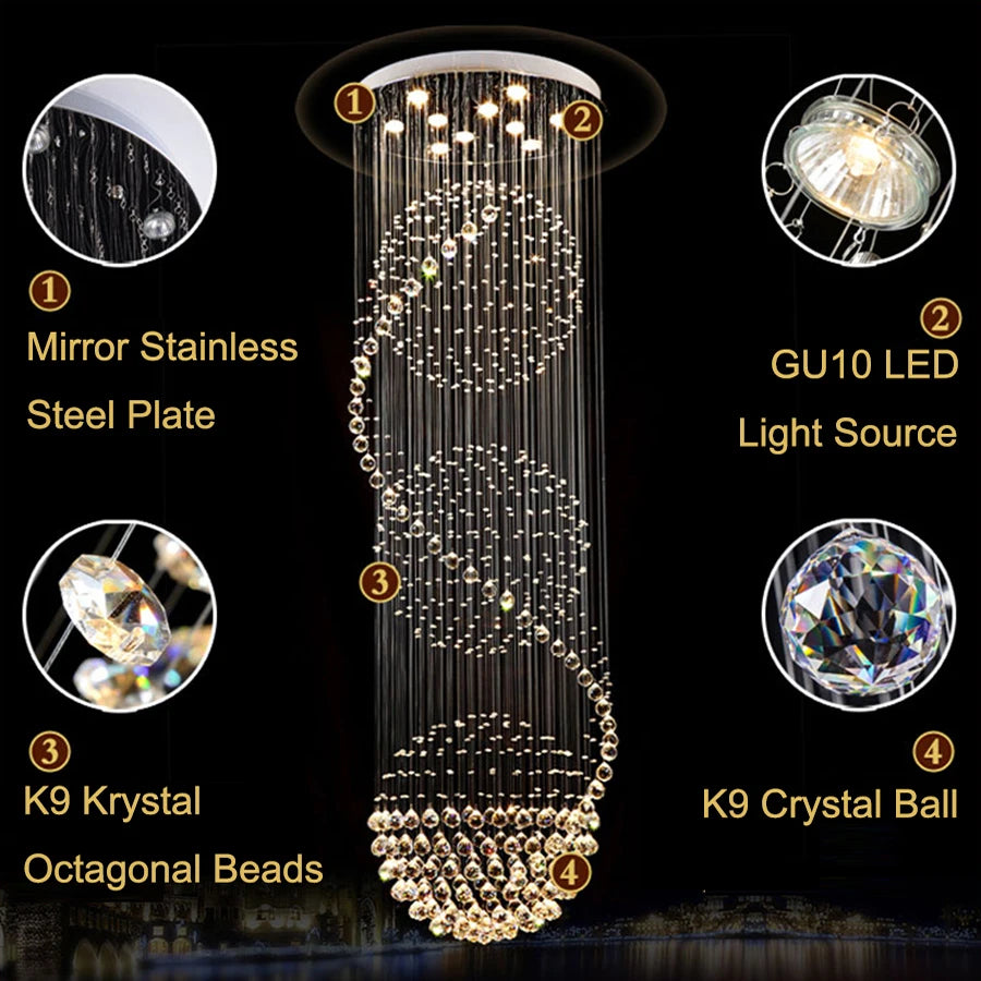 Crystal shades casting light both up and down a spiral chandelier