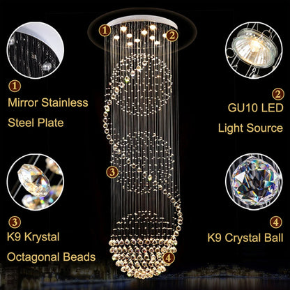 Crystal shades casting light both up and down a spiral chandelier