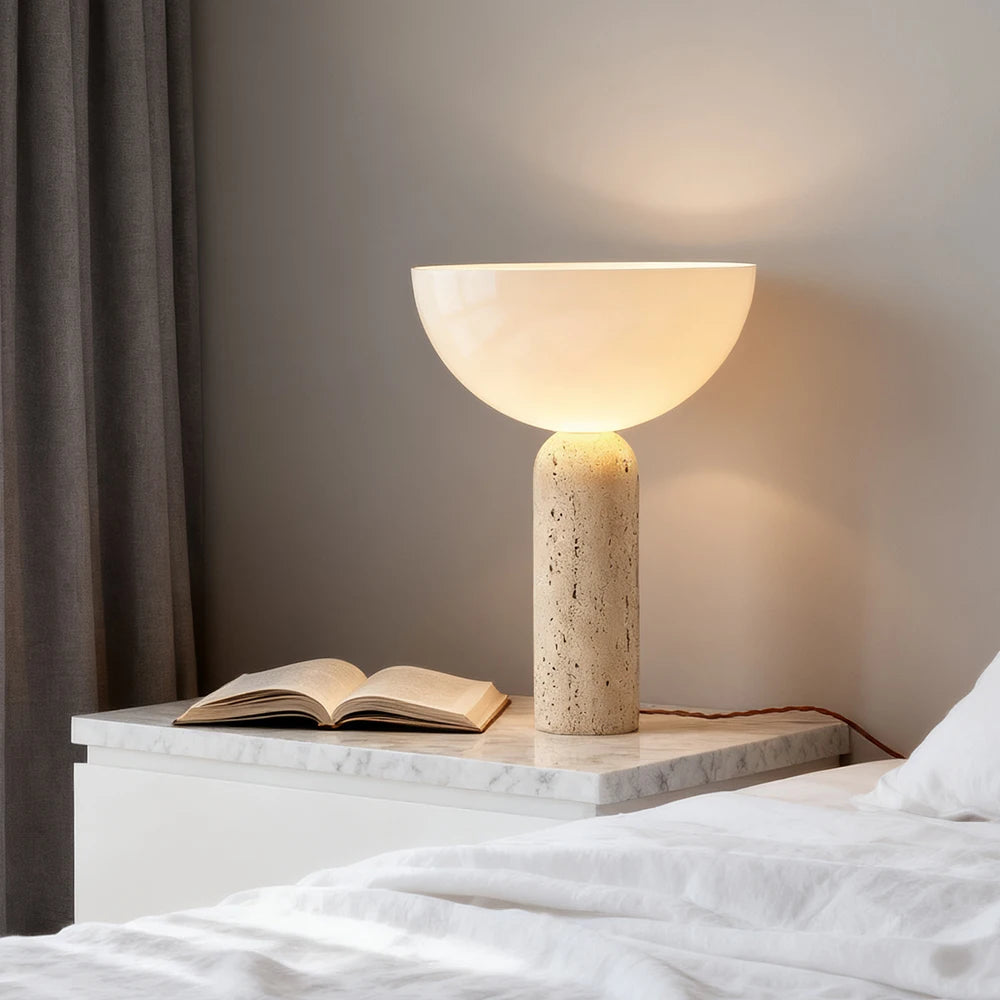 Danish design stone lamp glass mushroom diffuser warm glow close-up