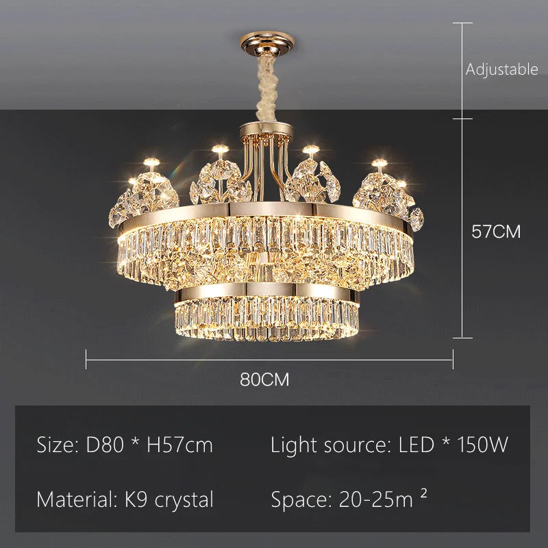 Two tier crystal chandelier with 39.4 in and 23.6 in round bodies