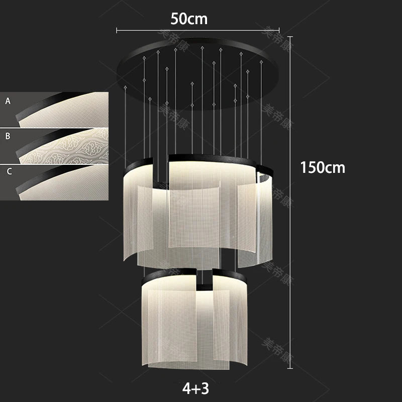 Three color light setting on a modern acrylic stair chandelier