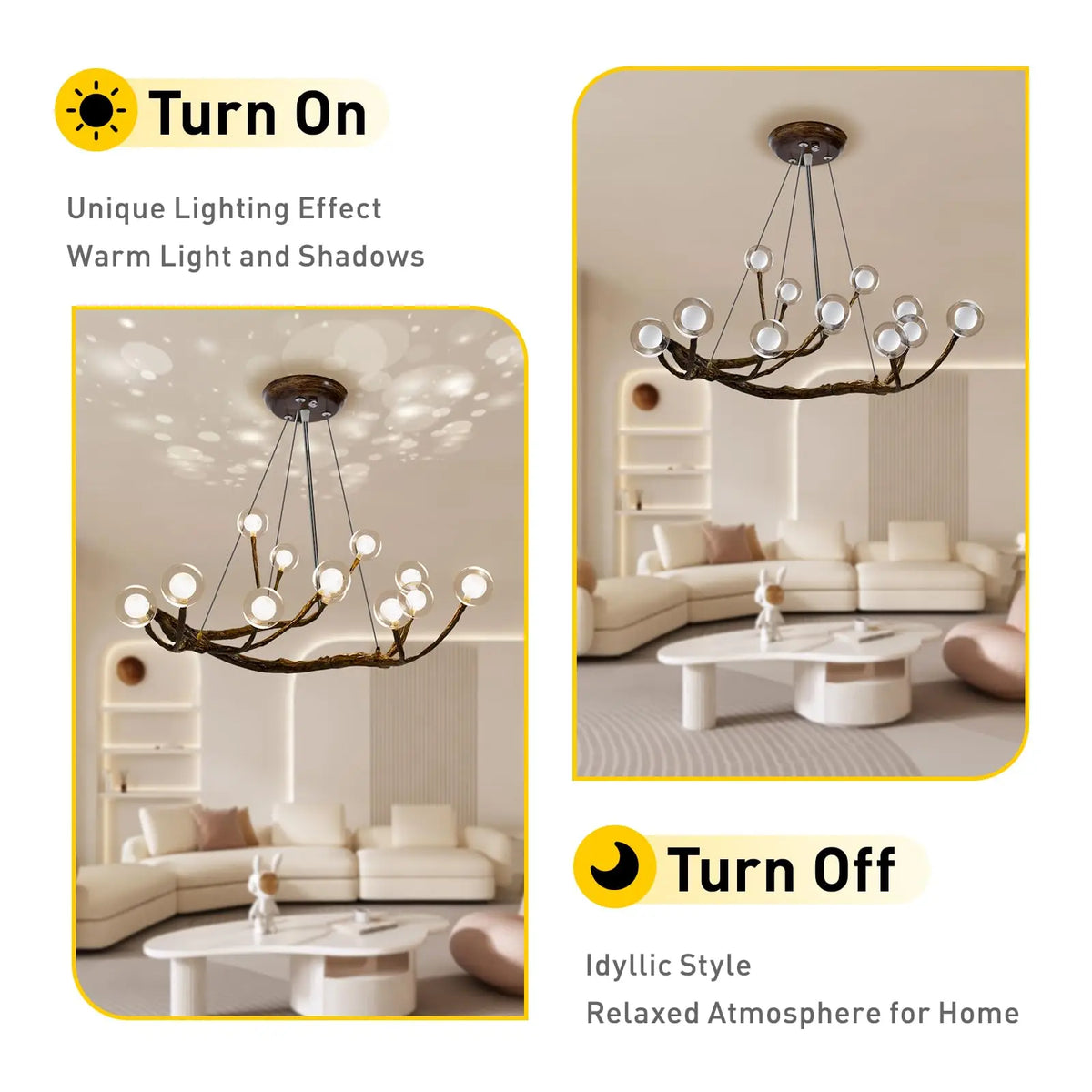 Branch chandelier with E12 sockets in each glass globe, 19.5 inches wide