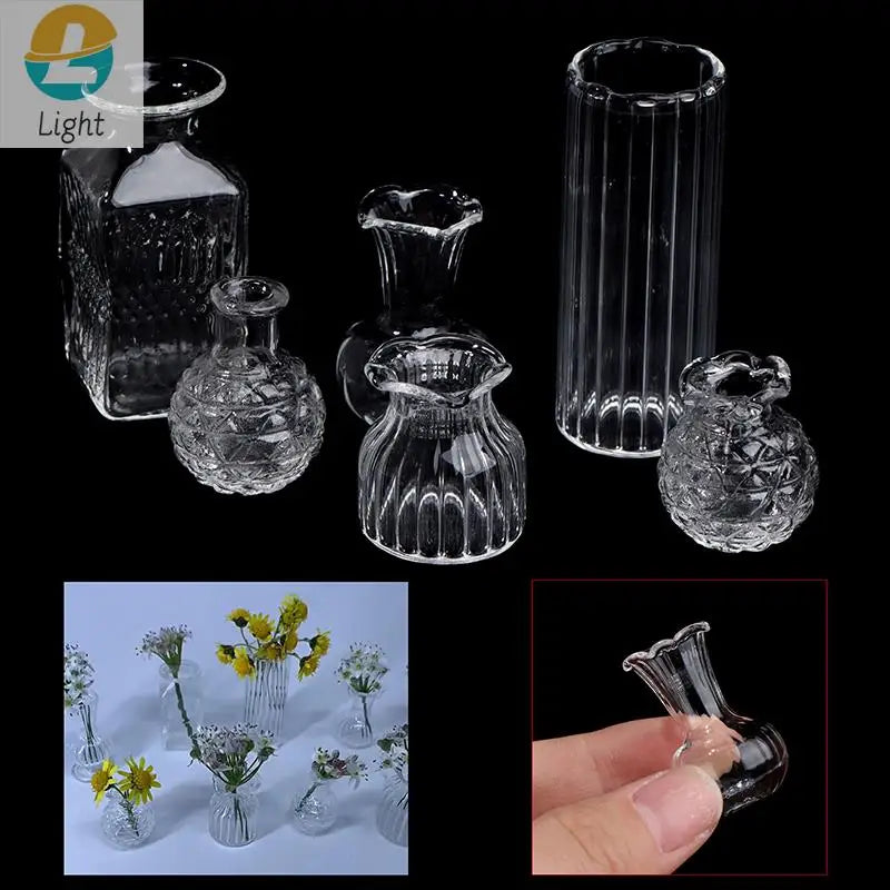 1:12 scale miniature glass vases arranged on a dollhouse dining table