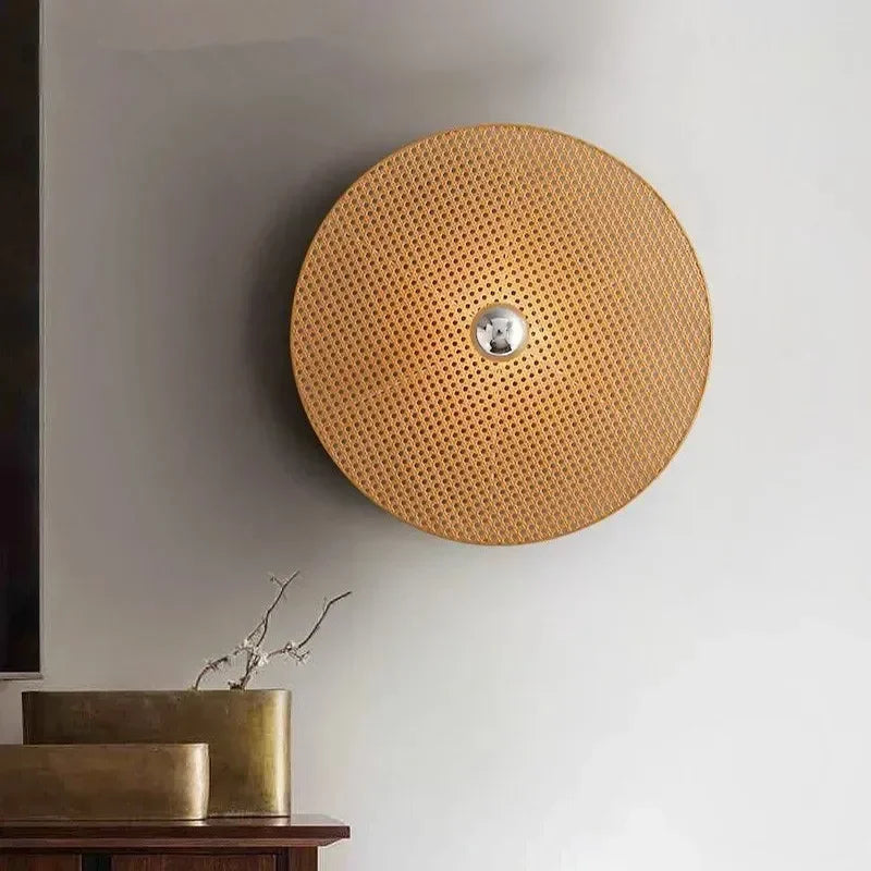 rattan wall sconce, close-up of shade and hardware detail