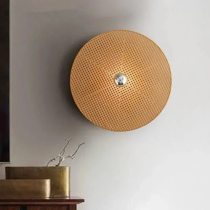 rattan wall sconce, close-up of shade and hardware detail