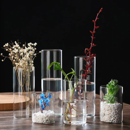Transparent glass cylinder vase with candle inside modern home