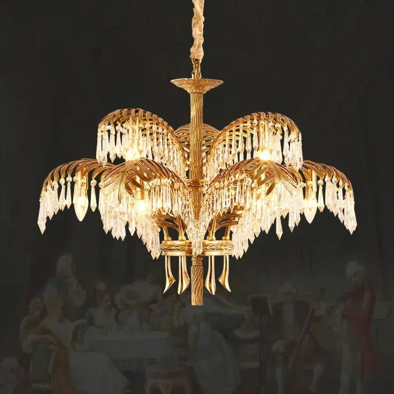 Palm leaf crystal chandelier with K9 crystal on gilded iron fronds