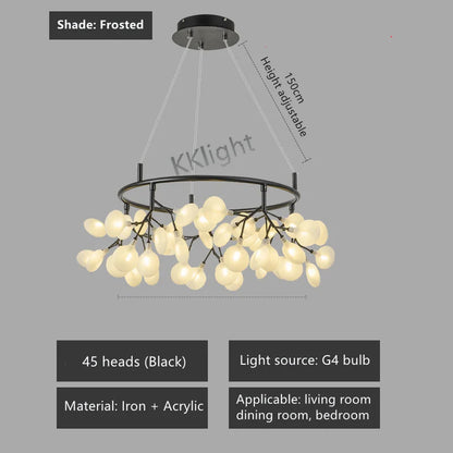 Nordic firefly chandelier with 63 black heads on a cord pendant