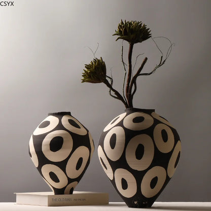 Geometric ceramic flower vase hand-drawn circles porcelain décor