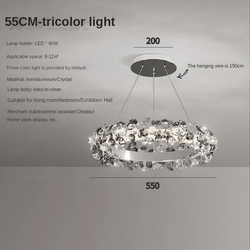 Dimmable crystal ring chandelier controlled by a handheld remote