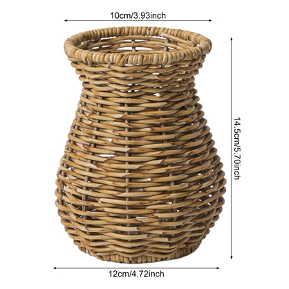 Collection of five handwoven rattan vase style variants grouped in a flat lay display