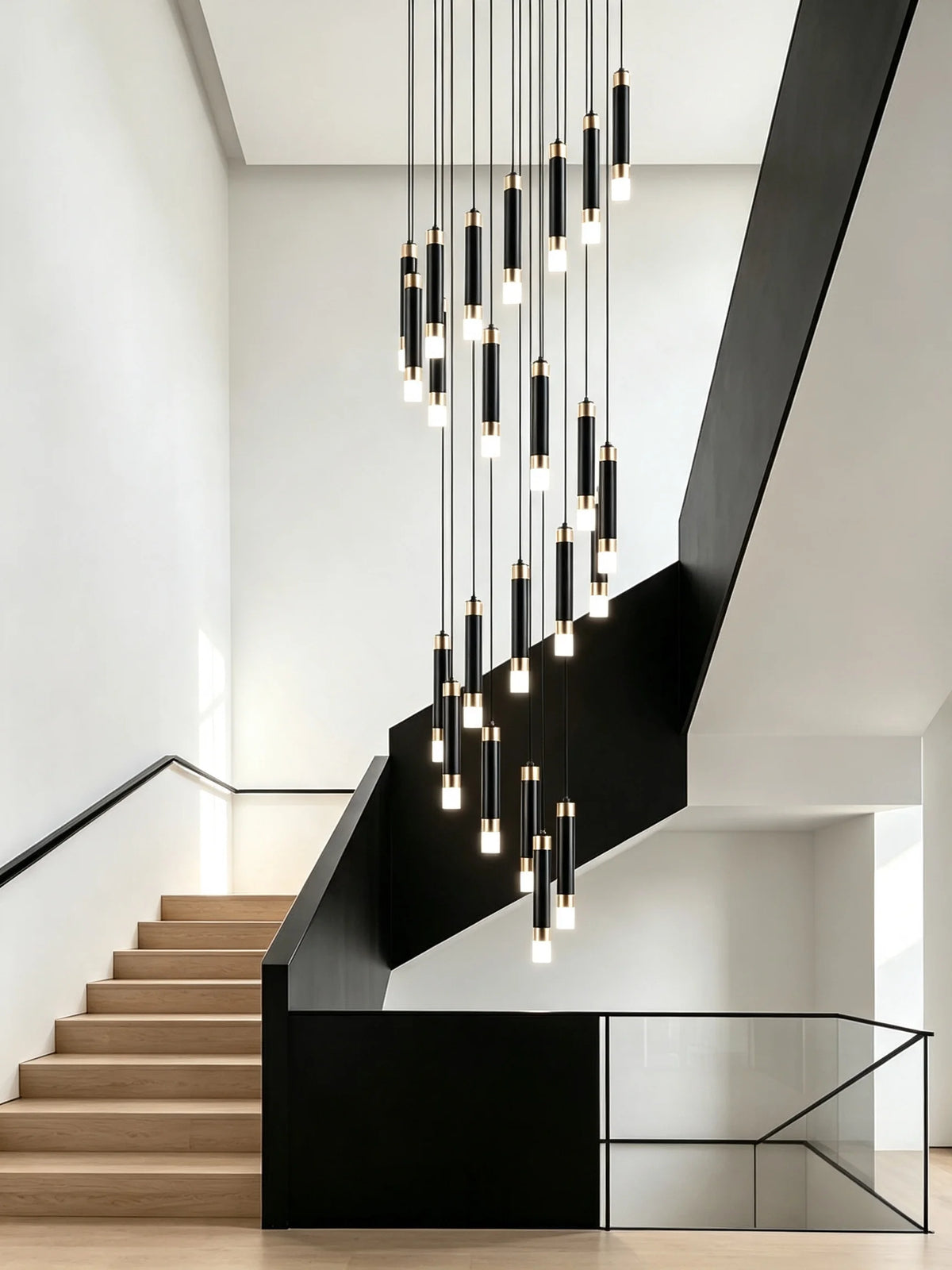Nordic long staircase chandelier with slim acrylic rods on a plated frame