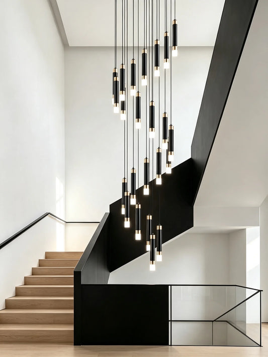 Nordic long staircase chandelier with slim acrylic rods on a plated frame
