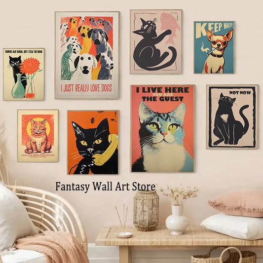 Retro Funny Cats and Dogs Canvas Wall Art
