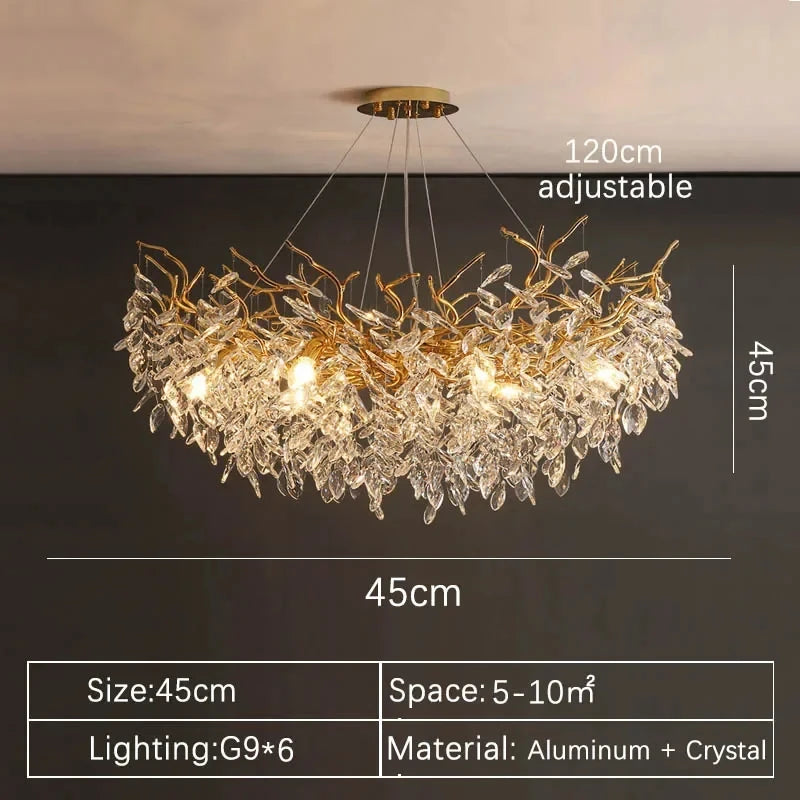 Gold framed crystal chandelier at 160 centimetres with warm light